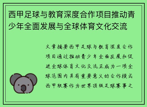 西甲足球与教育深度合作项目推动青少年全面发展与全球体育文化交流 西甲足球与教育深度合作项目推动青少年全面发展与全球体育文化交流