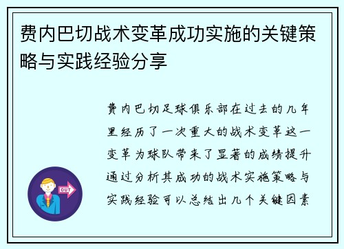 费内巴切战术变革成功实施的关键策略与实践经验分享 费内巴切战术变革成功实施的关键策略与实践经验分享