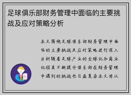 足球俱乐部财务管理中面临的主要挑战及应对策略分析